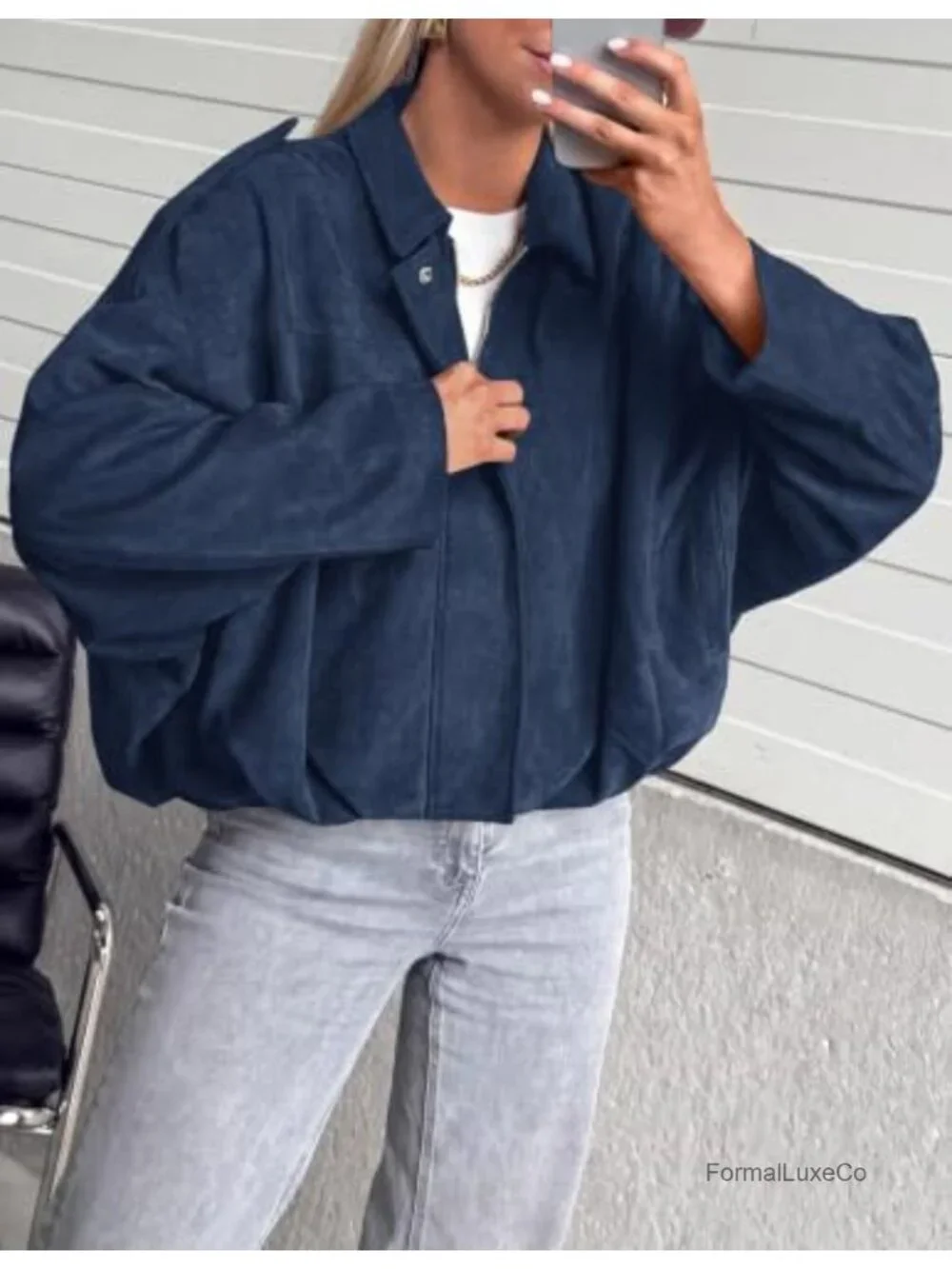 Faux Suede Cropped Bomber Jacket Oversized Batwing Zip